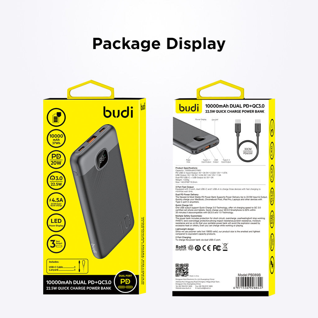 Budi 10000mAh Dual PD+QC3.0 22.5 Quick Charger Power Bank