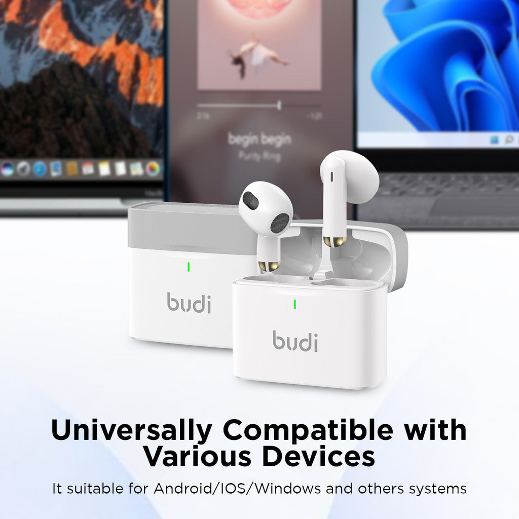 Budi True Wireless Bluetooth Earbuds - Heavy Bass Stereo In-Ear Earbuds with Mic, Noise-Cancelling Headphones, Premium Wireless Earphones for Music & Calls