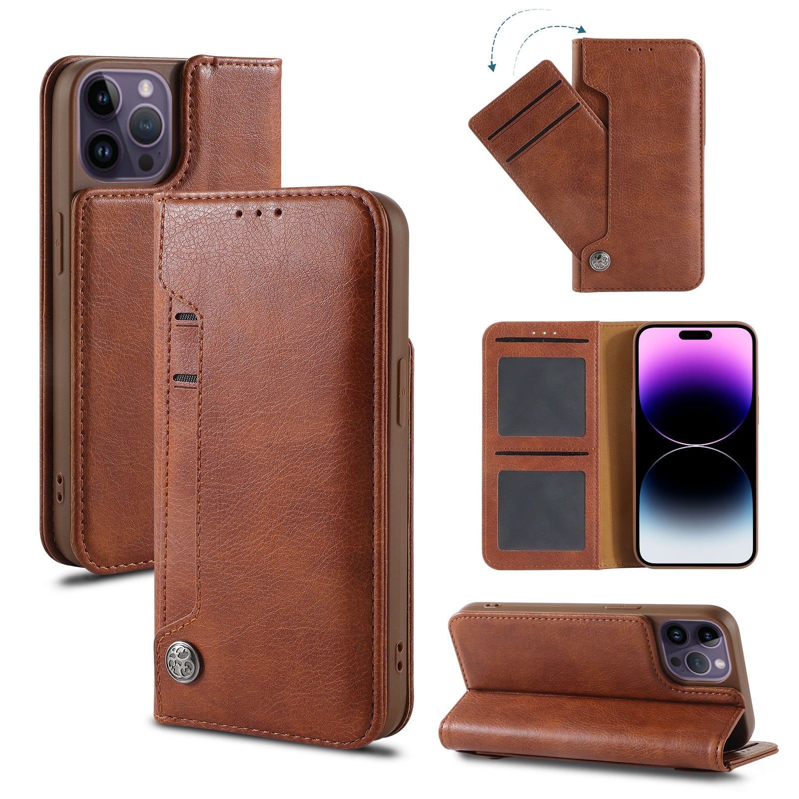 Premium Vegan Leather Wallet Flip Case with Slide Pocket for iPhone