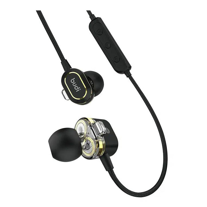 Budi draadloze in-ear-koptelefoon, stereo draadloze hoofdtelefoon met dubbele bewegende spoel