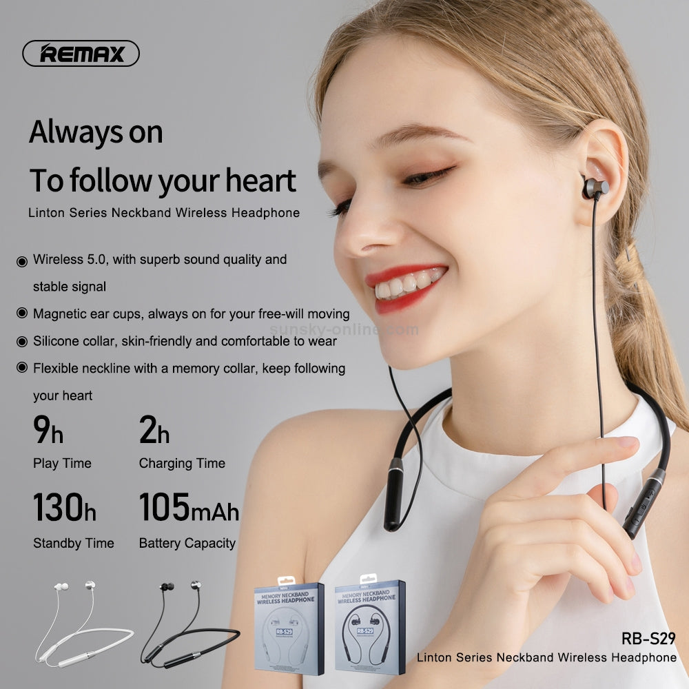 Remax draadloze oortelefoons, hoofdtelefoons met nekband, draadloze sportoortelefoons