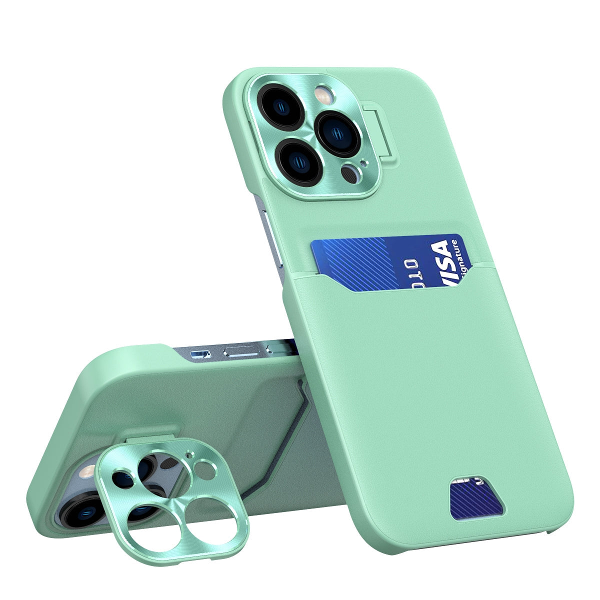 Luxus Leder Kartenhalter Slot Unsichtbare Halterung Ständer Handyhülle für iPhones Mini Metalllinse schützend, Dunkelblau - Schwarz