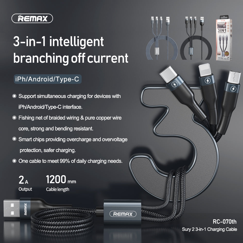 Universele oplaadkabel, 3-in-1 USB naar Type-C+Micro USB+ Lightning-oplaadkabel